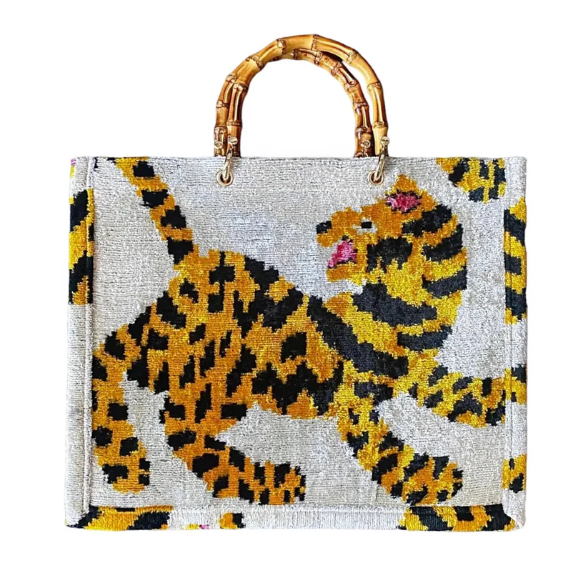 AYCA Design Silk Velvet Ikat Large Tote Bag with Bamboo Handle